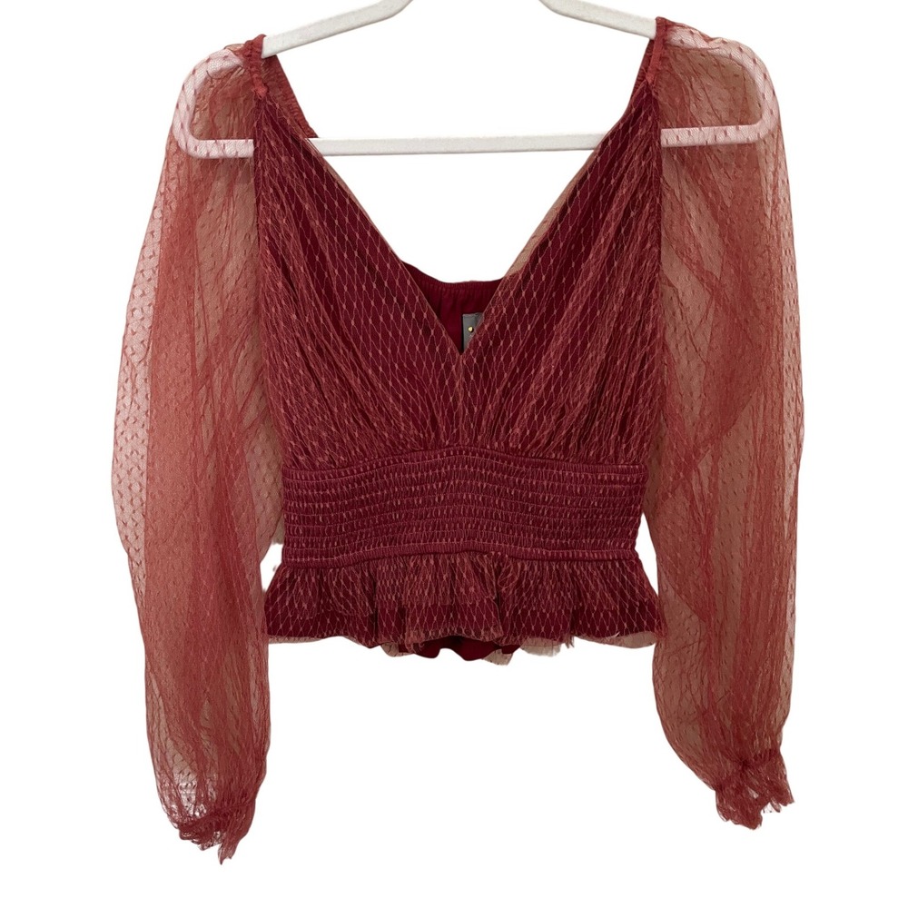 Anthropologie Burgundy Tulle Smocked Top XS Ren Faire Coquette Romantic Fall